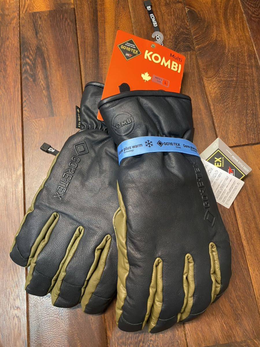 ★ KOMBI コンビ スノーグローブ 本革 やぎ革 ブラック×カーキ sizeL 新品未使用タグ付 スノーボード 手袋 ゴアテックス GORE-TEX 五本指