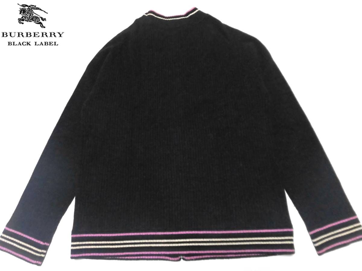 大人気サイズ L(3) 美品 バーバリーブラックレーベル ピンクホース刺繍 襟・袖口・裾バーバリーボーダー柄 ジップアップ ニットジャケット_画像3