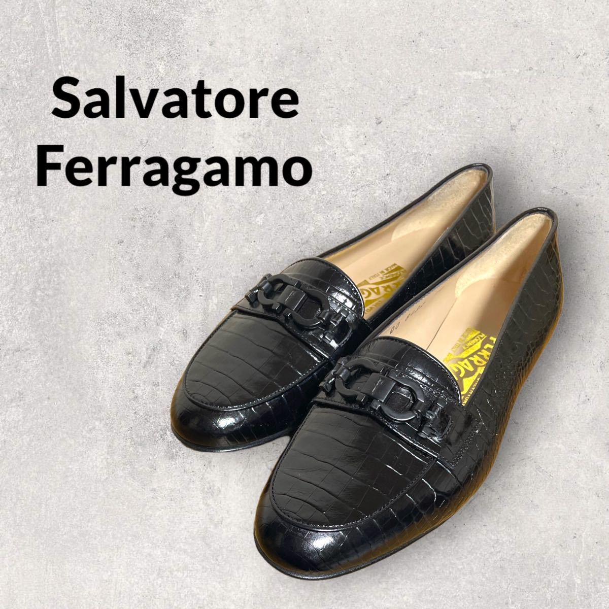 Salvatore Ferragamo 極美品 フェラガモ イタリア製 クロコ型押しレザー ガンチーニローファー 黒