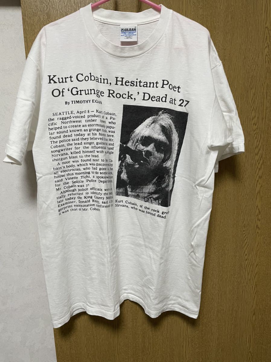 PayPayフリマ｜90's デッドストック Kurt Cobain 死亡 記事 Tシャツ カート コバーン 登坂 着 nirvana ニルバーナ  ニルヴァーナ 追悼 バンドT ビンテージ