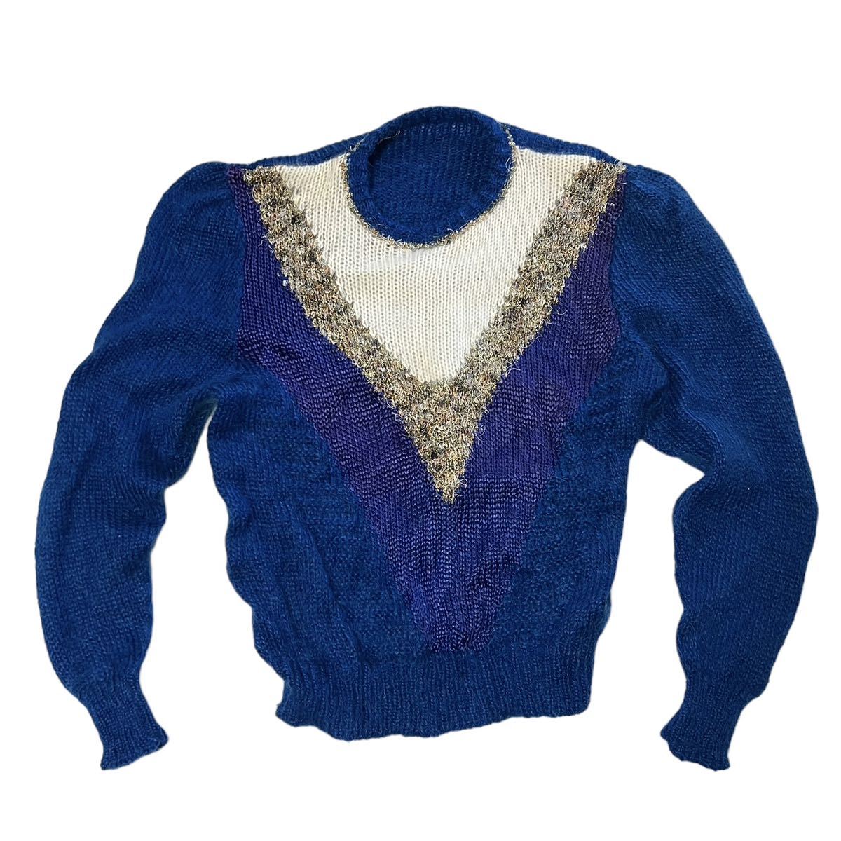 【1980s】ビンテージ　モヘア混　デザインニットセーター　古着　ユーロ　ヴィンテージ 青　パッチワーク