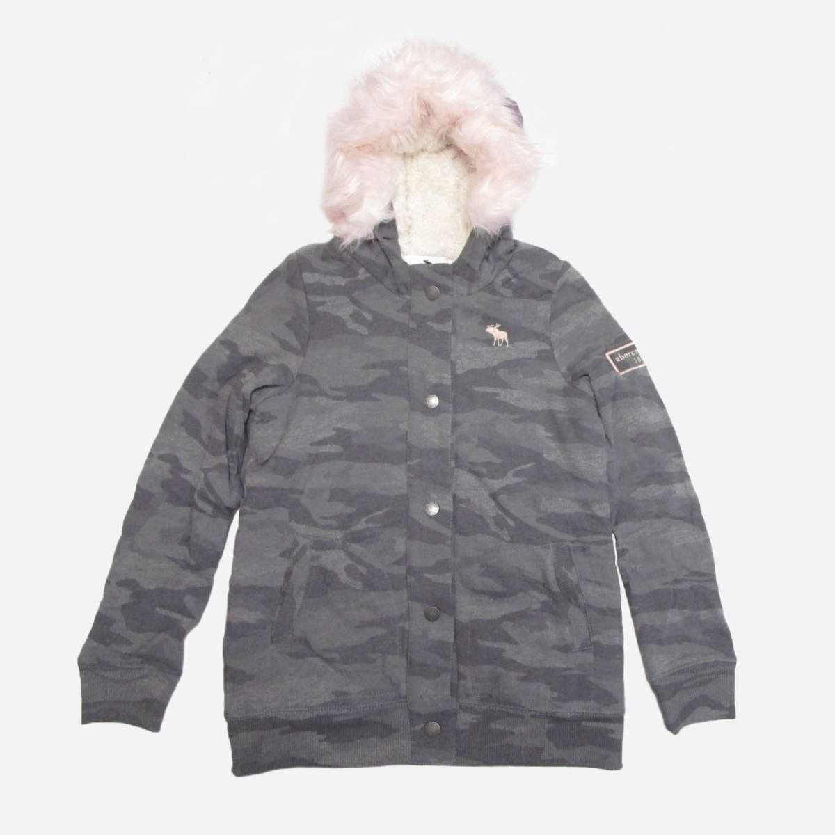 ★SALE★abercrombie kids/アバクロキッズ★裏シェルパファー付スウェットスナップパーカー (Grey Camo/girls11-12)