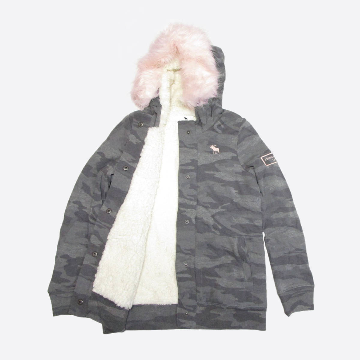 ★SALE★abercrombie kids/アバクロキッズ★裏シェルパファー付スウェットスナップパーカー (Grey Camo/girls11-12)