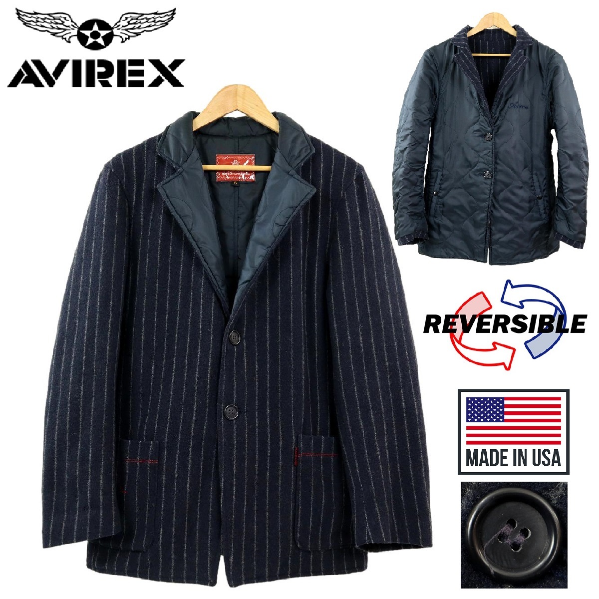 【B1927】【美品】【USA製】AVIREX アビレックス リバーシブルジャケット テーラードジャケット キルティングジャケット サイズS