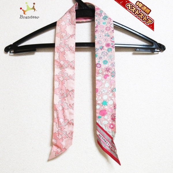 最新 ツィリー HERMES エルメス ピンク×グリーン×マルチ スカーフ リボンスカーフ/花柄 スカーフ