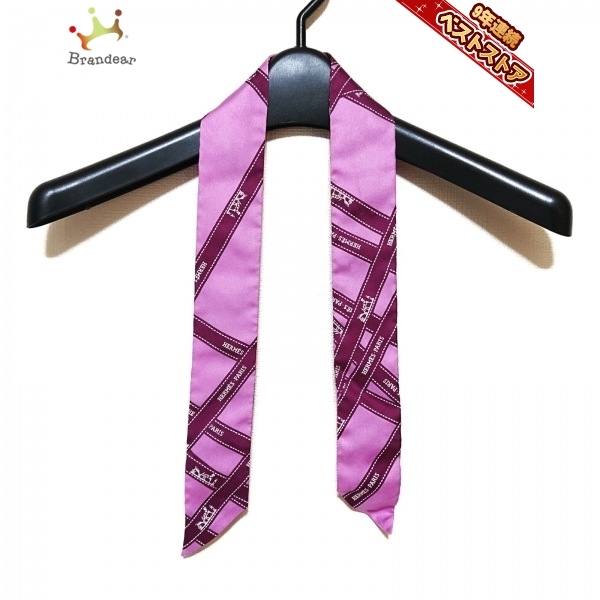 一番の HERMES エルメス ツィリー スカーフ リボンスカーフ/ボルデュックリボン柄 ピンク×ボルドー スカーフ