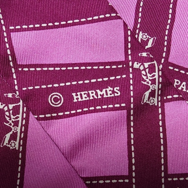 エルメス HERMES ツィリー ピンク×ボルドー リボンスカーフ/ボルデュックリボン柄 スカーフ_画像3