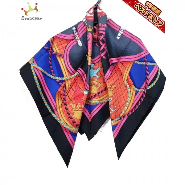 素晴らしい エルメス スカーフ TENUE GRANDE 黒×ピンク×マルチ カレ90 HERMES スカーフ