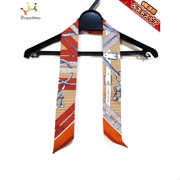 エルメス HERMES ツイリー オレンジ×グレー×マルチ リボンスカーフ 美品 スカーフ