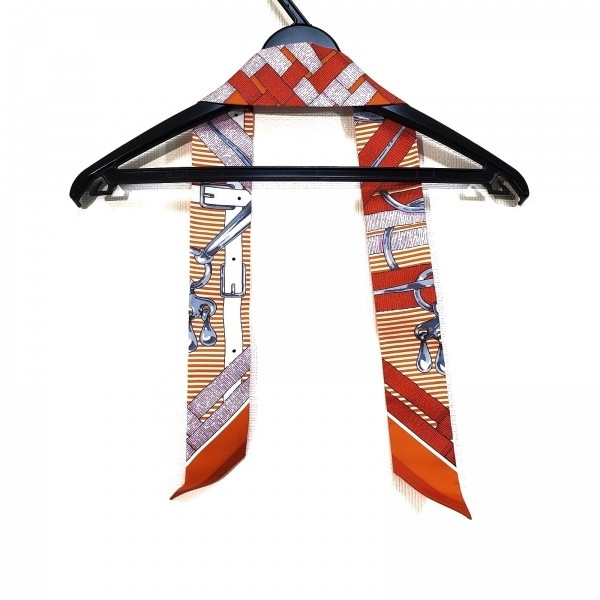 エルメス HERMES ツイリー オレンジ×グレー×マルチ リボンスカーフ 美品 スカーフ 2