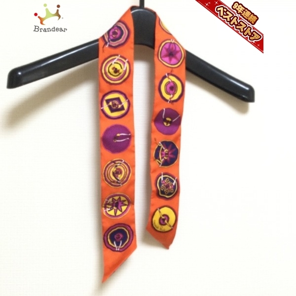エルメス HERMES ツイリー オレンジ×パープル×マルチ リボンスカーフ