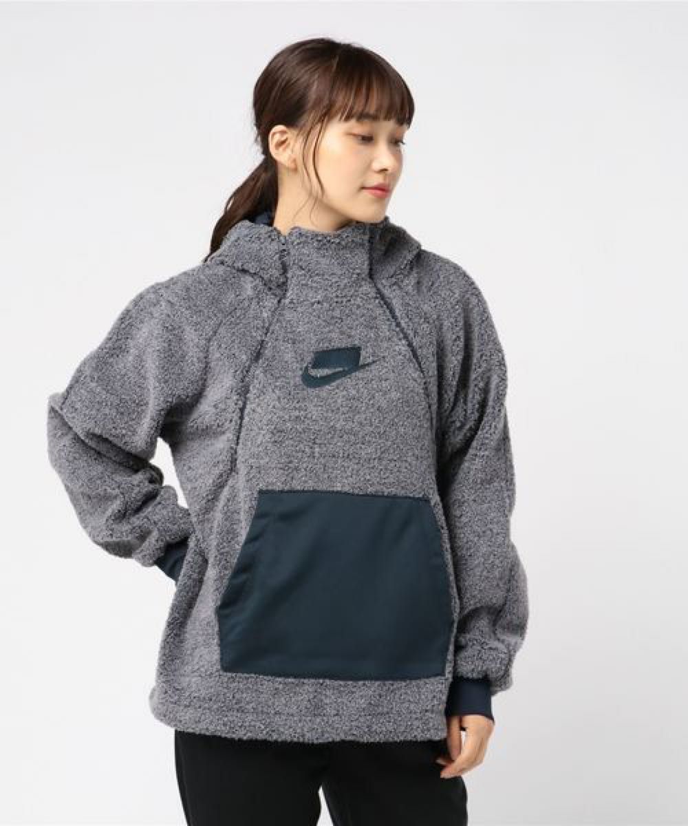 NIKE ボアパーカー　 スウェットパーカー　ナイキ　新品未使用　ウィメンズ　Lサイズ　ロゴスラッシュ　グレー　ビックシルエット