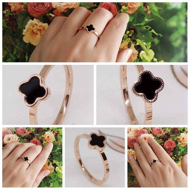 *18K RGP Gold black four leaf flower ring gu1309e
