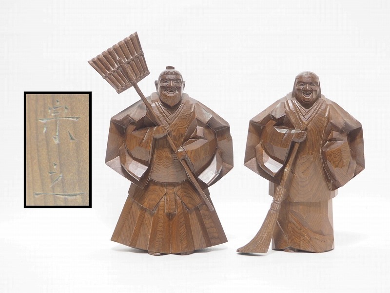 人気No.1】 【美品】彫刻 彫像 人形 高砂 一刀彫 木製 金彩色塗 波