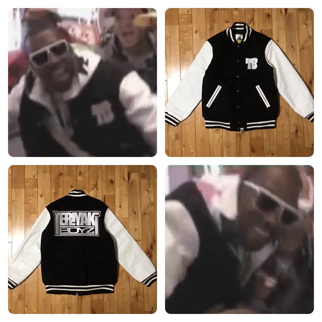 ★Kanye West着用★ TERIYAKI BOYS 袖レザー スタジャン Sサイズ a bathing ape varsity jacket エイプ ベイプ カニエ ウエスト NIGO m1749_画像1