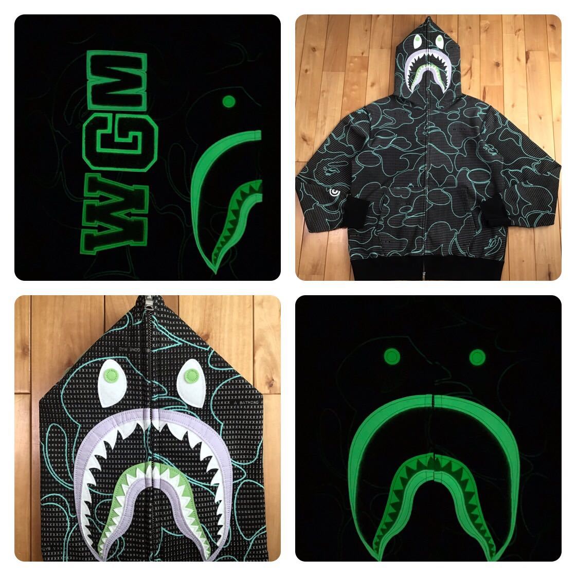 ☆蓄光☆ XL TEXT CODE CAMO SHARK FULL ZIP HOODIE a bathing ape