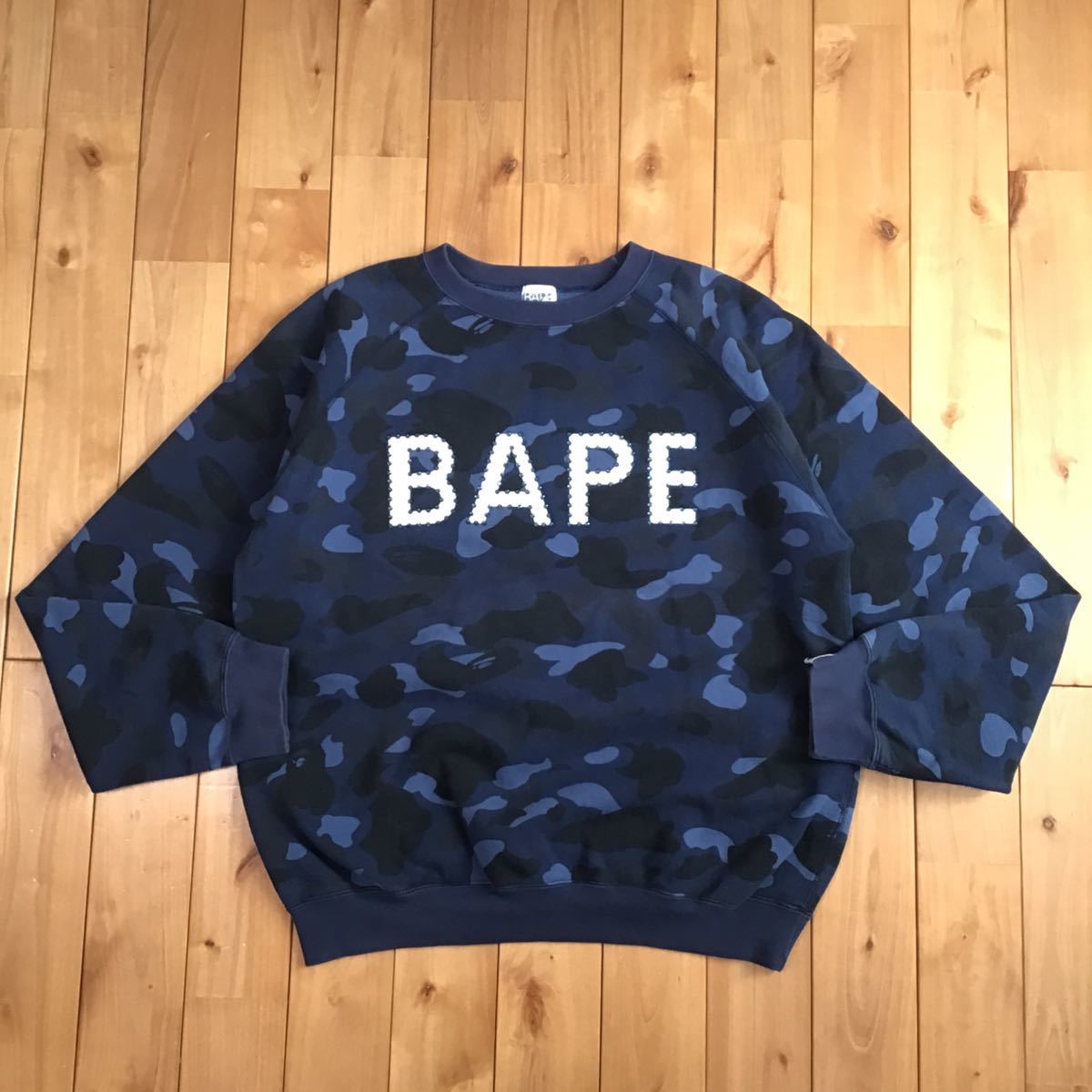  blue Swarovski BAPE logo long sleeve sweat M size a bathing ape swarovski rhinestone Ape Bape blue camo camouflage w12999