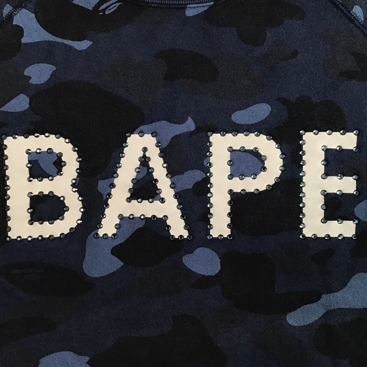  blue Swarovski BAPE logo long sleeve sweat M size a bathing ape swarovski rhinestone Ape Bape blue camo camouflage w12999