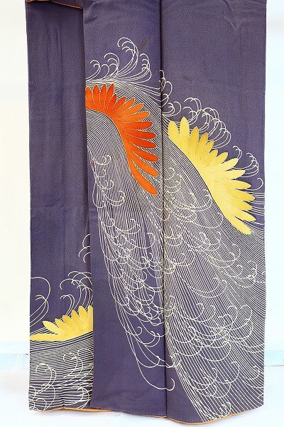 【着物フィ】アンティーク　訪問着　ブルーグレー色　鳥の羽　身丈158cm 　大正ロマン　レトロ　正絹　リメイク　kimono　可愛い　12446_画像4