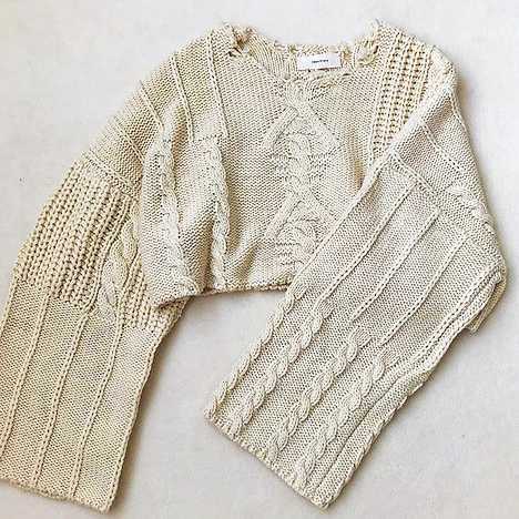 ドゥロワー ショルダー アランニット ケーブル編み モカブラウン aoyama ファッション ドゥロワー ショルダー アランニット