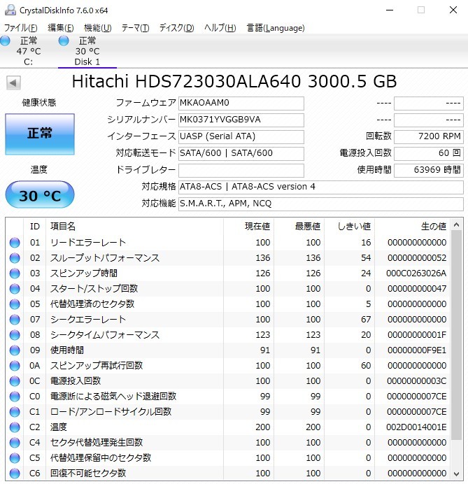 【中古パーツ】3.5 SATA 3TB 1台 正常Hitachi HDS723030ALA640 使用時間63969H ■HDD1405_画像2