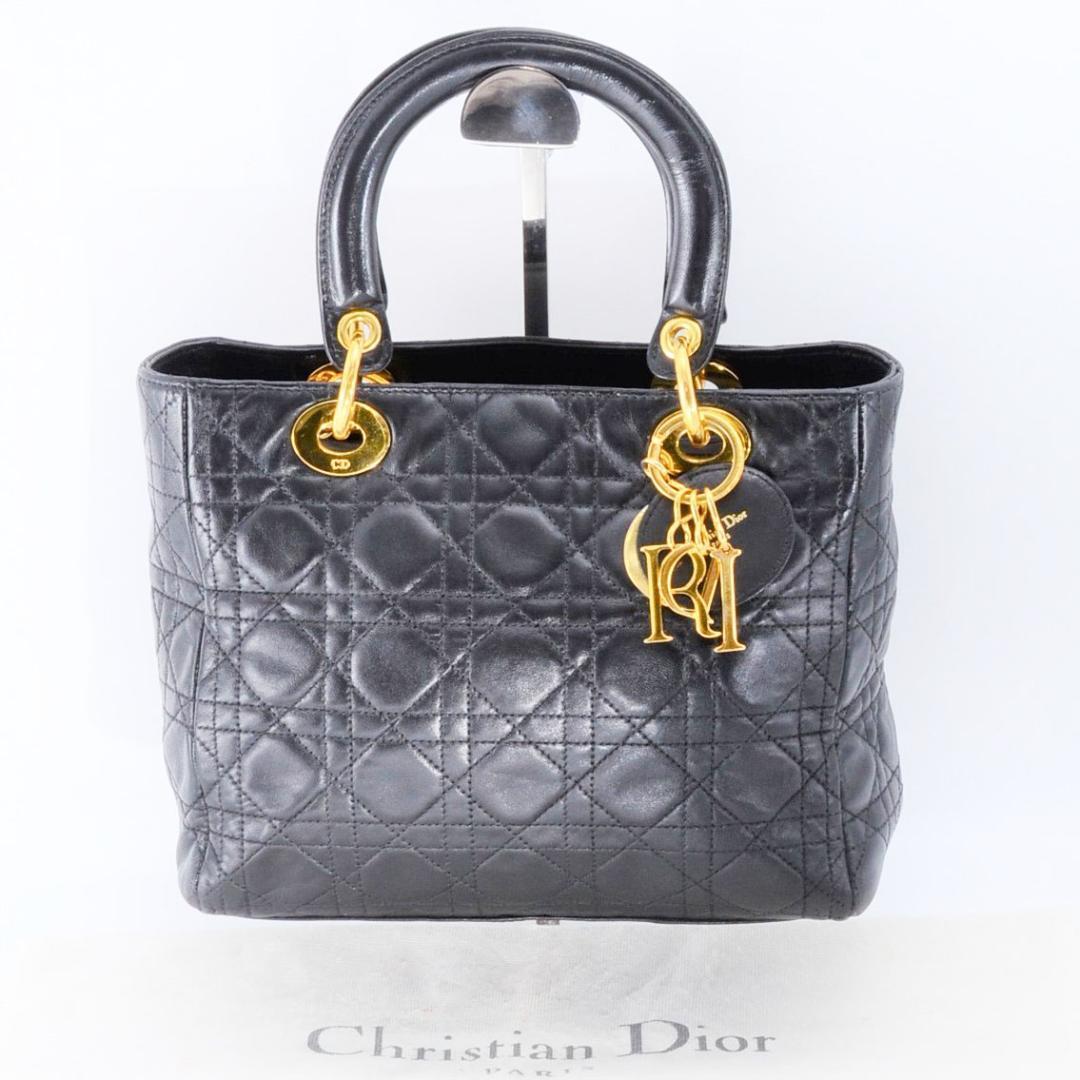 1円 美品 Christian Dior クリスチャンディオール レディディオール カナージュ ラムスキン レザー ブラック 黒