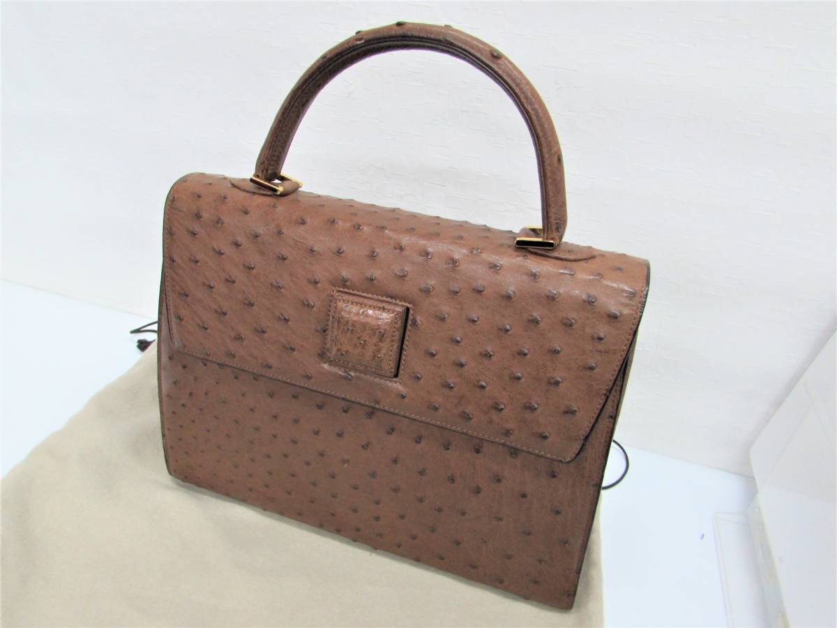 美品 JRA認定 オーストリッチ ハンドバッグ ターンロック キャメル系