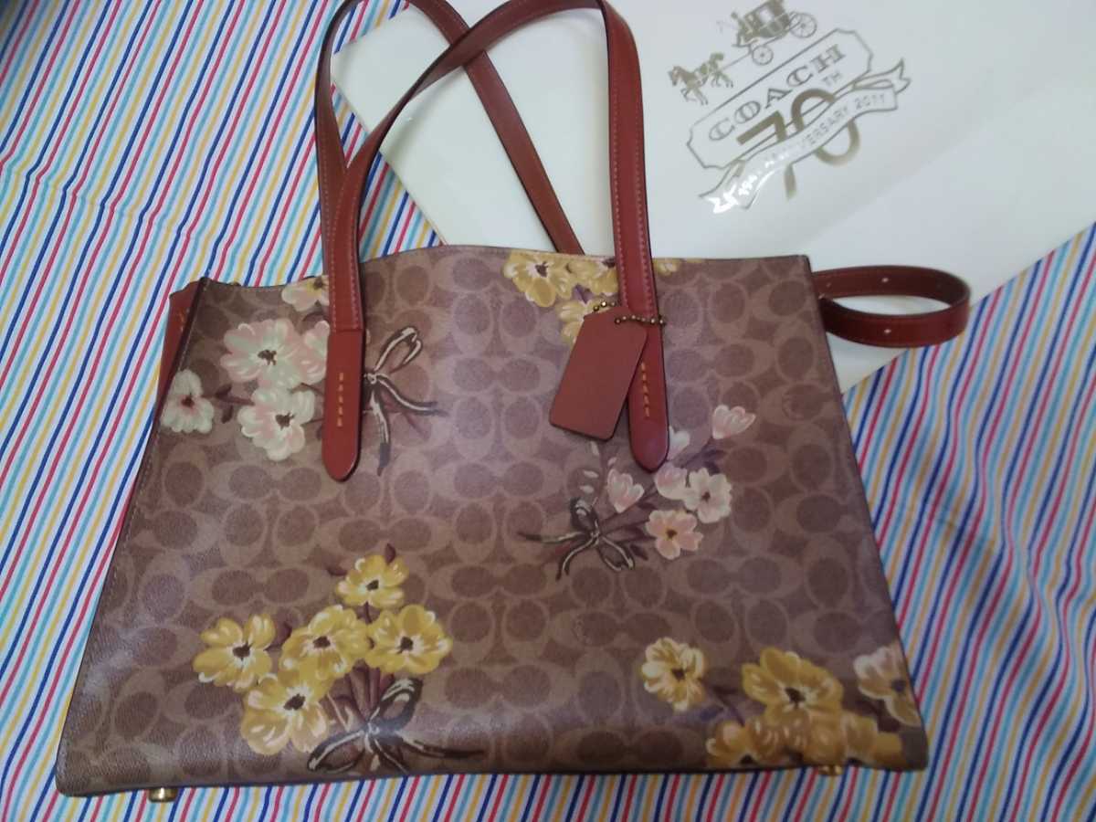 (最安値)極美品！コーチ COACH☆ハンドバッグ　ショルダーバッグ　2way☆お花フラワーティーローズ☆マルチカラーシグネチャーベージュ