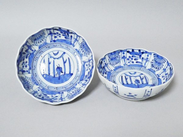古伊万里 扶養手 鳥の図 輪花膾皿 2枚 NO.C1-4094