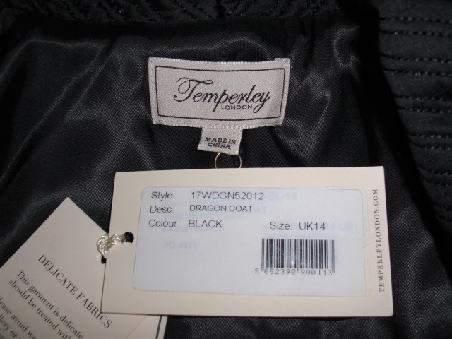  SALE! 未使用 テンパリー ロンドン Temperley London　レディース・黒ロングコート・サイズUK14 です