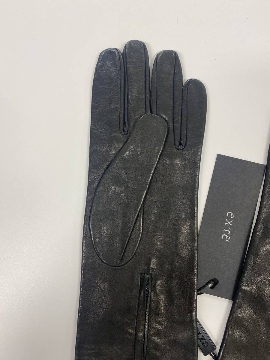 [ unused ] Italy made EXTEek stereo lady's black leather × suede × is lako long glove black leather gloves size S silk lining 