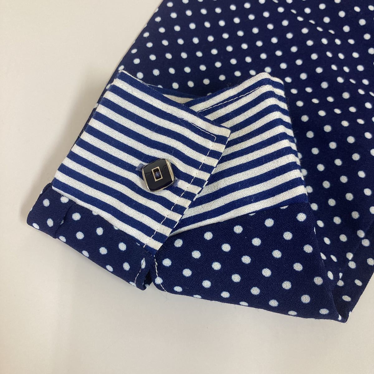 [ shirt dot stripe ] navy tops long sleeve Showa Retro unisex old clothes Vintage fashion [C8-1③]1205