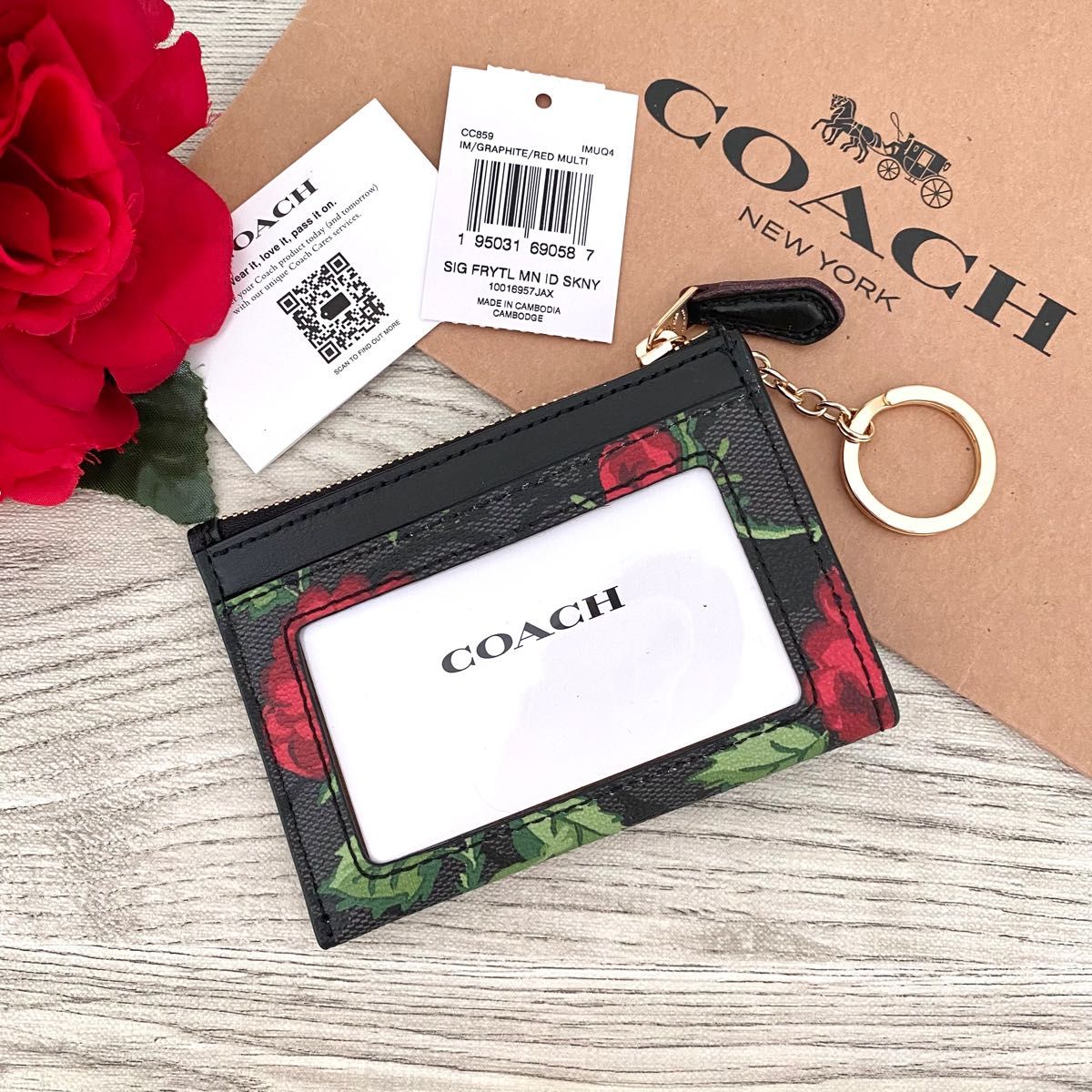 新品》COACH コーチ ブラック 花柄 シグネチャー レザー コインケース