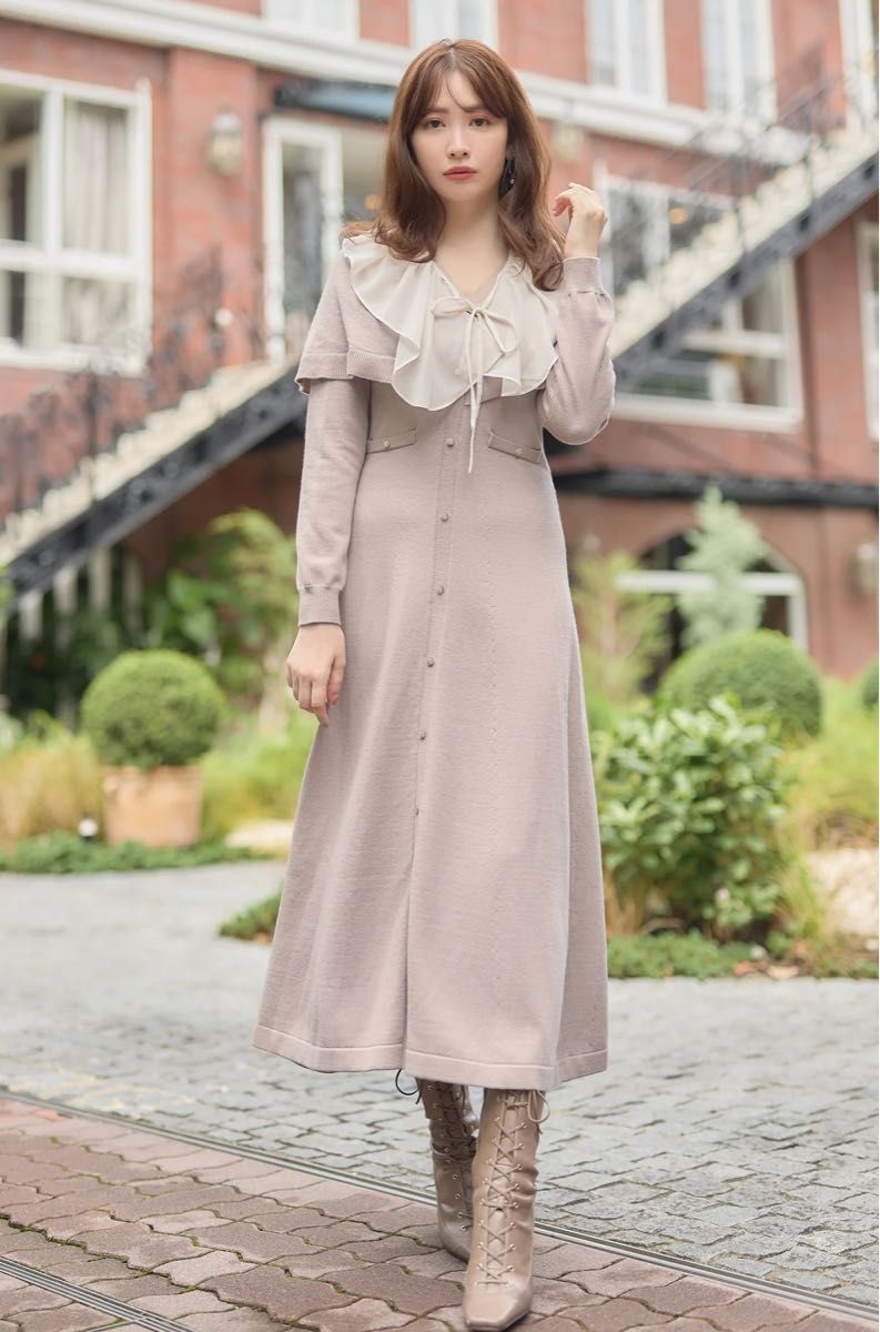 Herlipto Daria 2Way Knit Dress beige s size ベージュニットロングワンピース