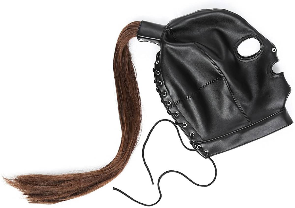  ponytail attaching! all head mask leather mask black braided up type bonte-jiSM. bundle cosplay mask 