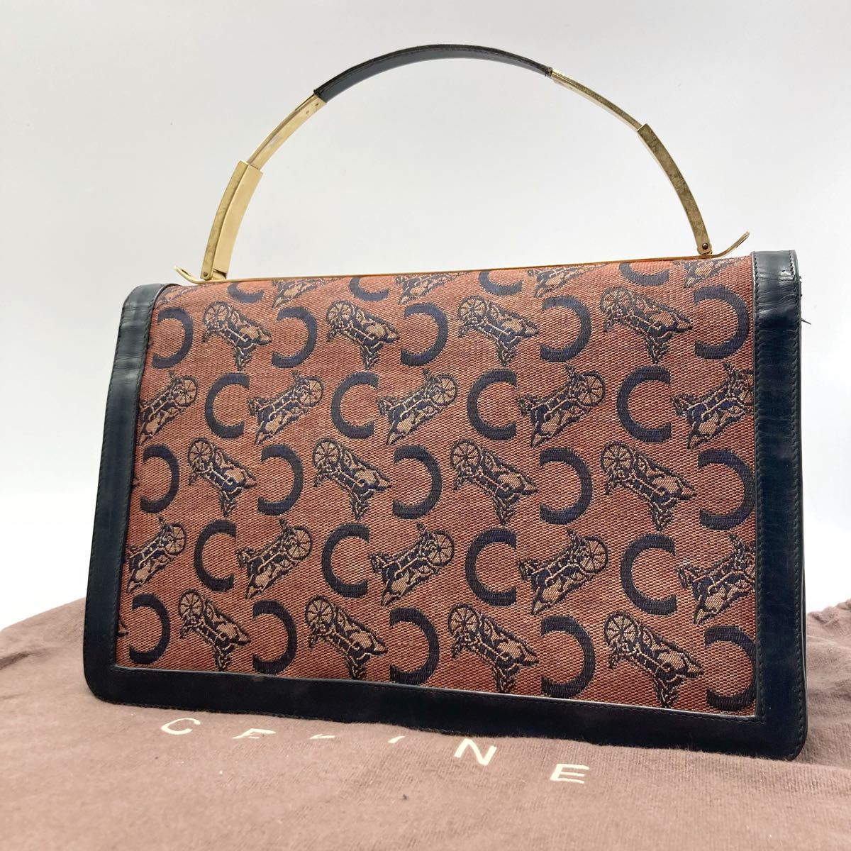 1円《極美品・希少》 CELINE ケリー型 2way ショルダーバッグ ガンチーニ ゴールド金具 セリーヌ ハンド サルキー 紺 キャンバス レザー_画像2