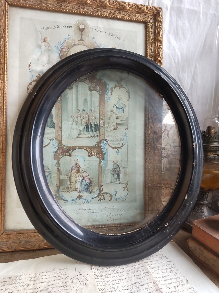 フランス アンティーク 素敵な 木製 大 オーバル ナポレオン3世 ガラス付き 19世紀 額縁 黒フレーム
