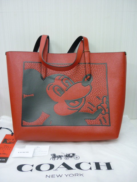 超美品 COACH コーチ C0896 ミッキー マウス X キース・ヘリング ハイライン トート バッグ 赤 エレクトリック レッド コラボ　a