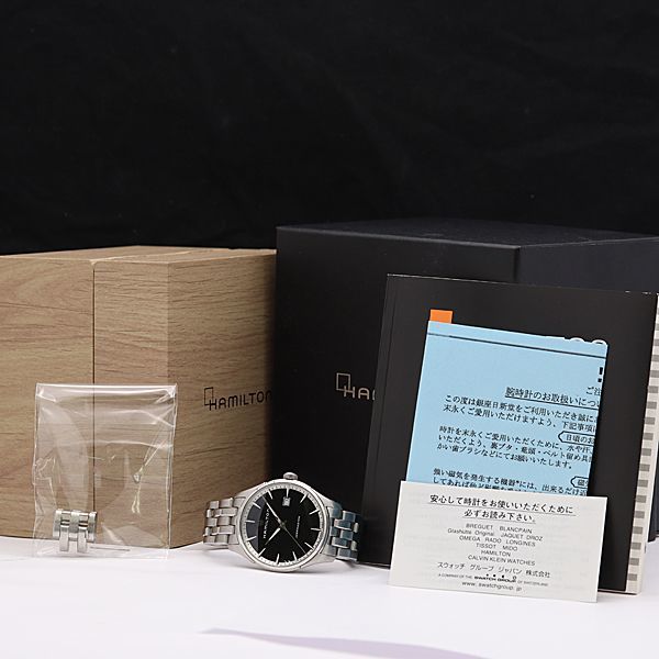 1円 稼働 良品 箱/コマ2付 ハミルトン QZ H324510 ジャズマスター 黒文字盤 デイト メンズ腕時計 XYZ 5000100