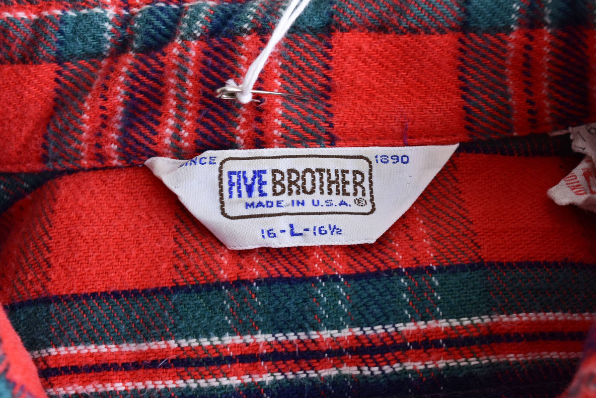 80s FIVEBROTHER ヘビーネルシャツ MADE IN USA 赤系チェック 表記L / ファイブブラザー ネル ビンテージ 古着 90s_画像5