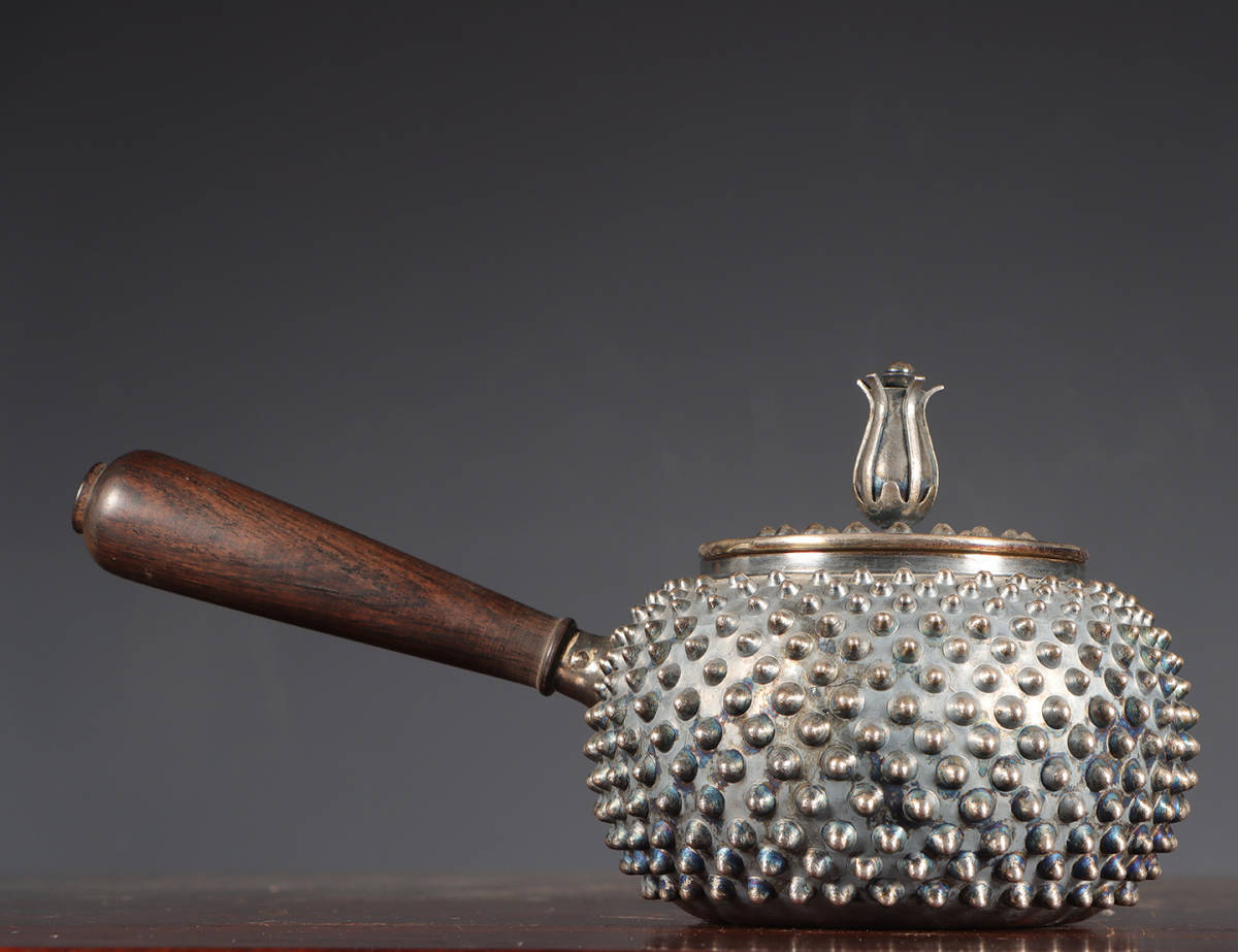 古銀 茶壺 「光南」在銘 純銀小霰粒紋木柄側把急須 銀瓶 煎茶 湯沸 茶道具 南鐐 金工 茶器 時代物 LT-1243_画像2