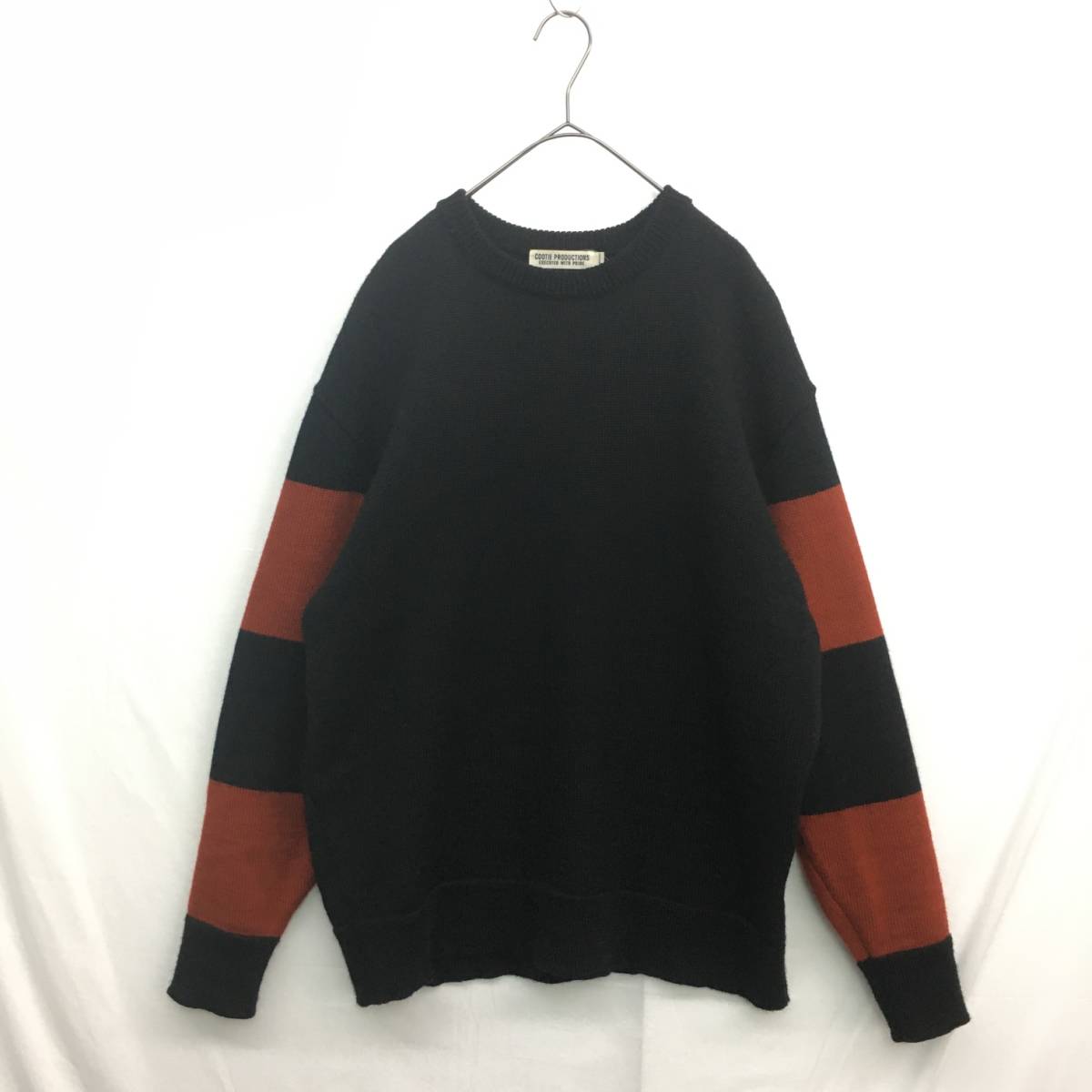 KZ5322★COOTIE : Sleeve Border Knit Sweater★M★黒/赤 定価￥29700- クーティー 袖ボーダー柄 ウールニットセーター