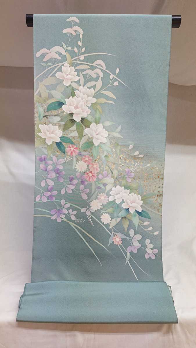 新品 手描き付下げ 58 金彩京友禅 花草文様 青磁色暈し 丹後ちりめん 刺繍 正絹 未仕立 未使用 反物 着物 袋帯 結婚式 卒業式 送料無料