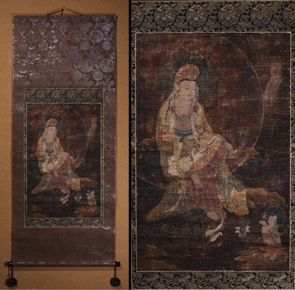 掛け軸 仏画 観音図 仏教美術 佚名 佛画 真作 肉筆 古美術 絹本 掛軸 