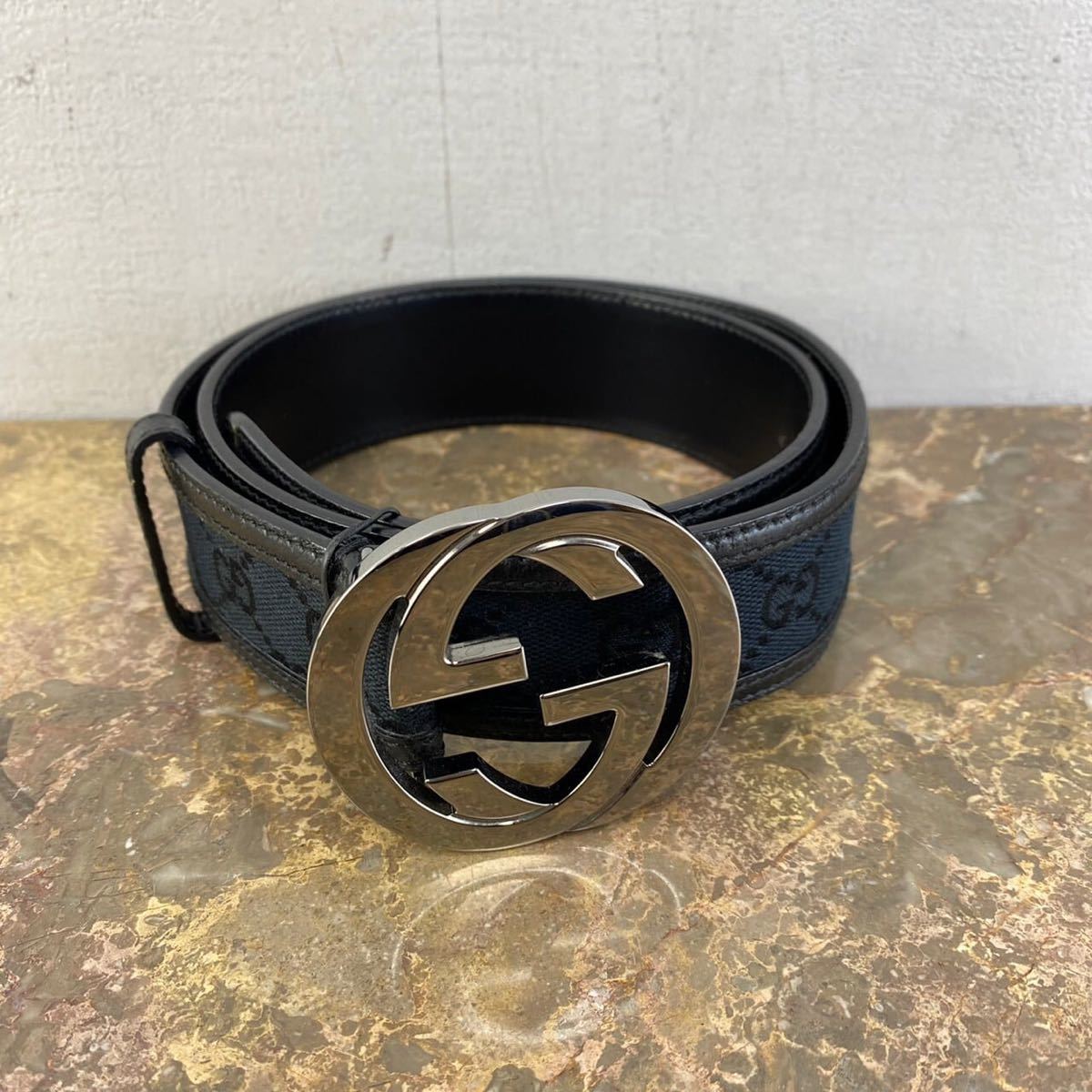 GUCCI GG PATTERNED LOGO BUCKLE LEATHER BELT/グッチインター