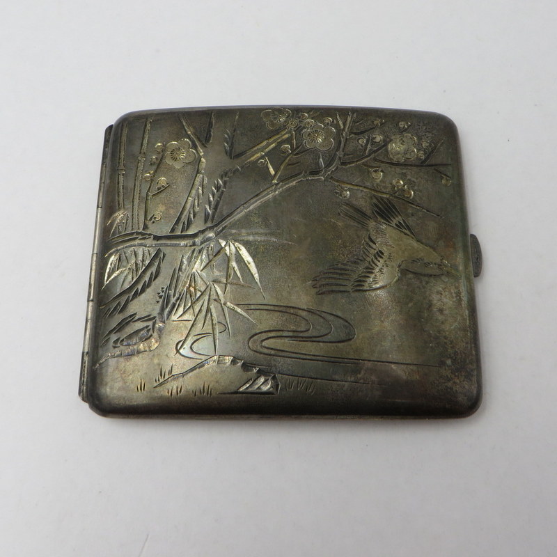SILVER シガレットケース タバコケース 煙草入れ 銀製 刻印 コレクション 薄型 鳥 梅 男女兼用 シルバー 喫煙グッズ W7343-1