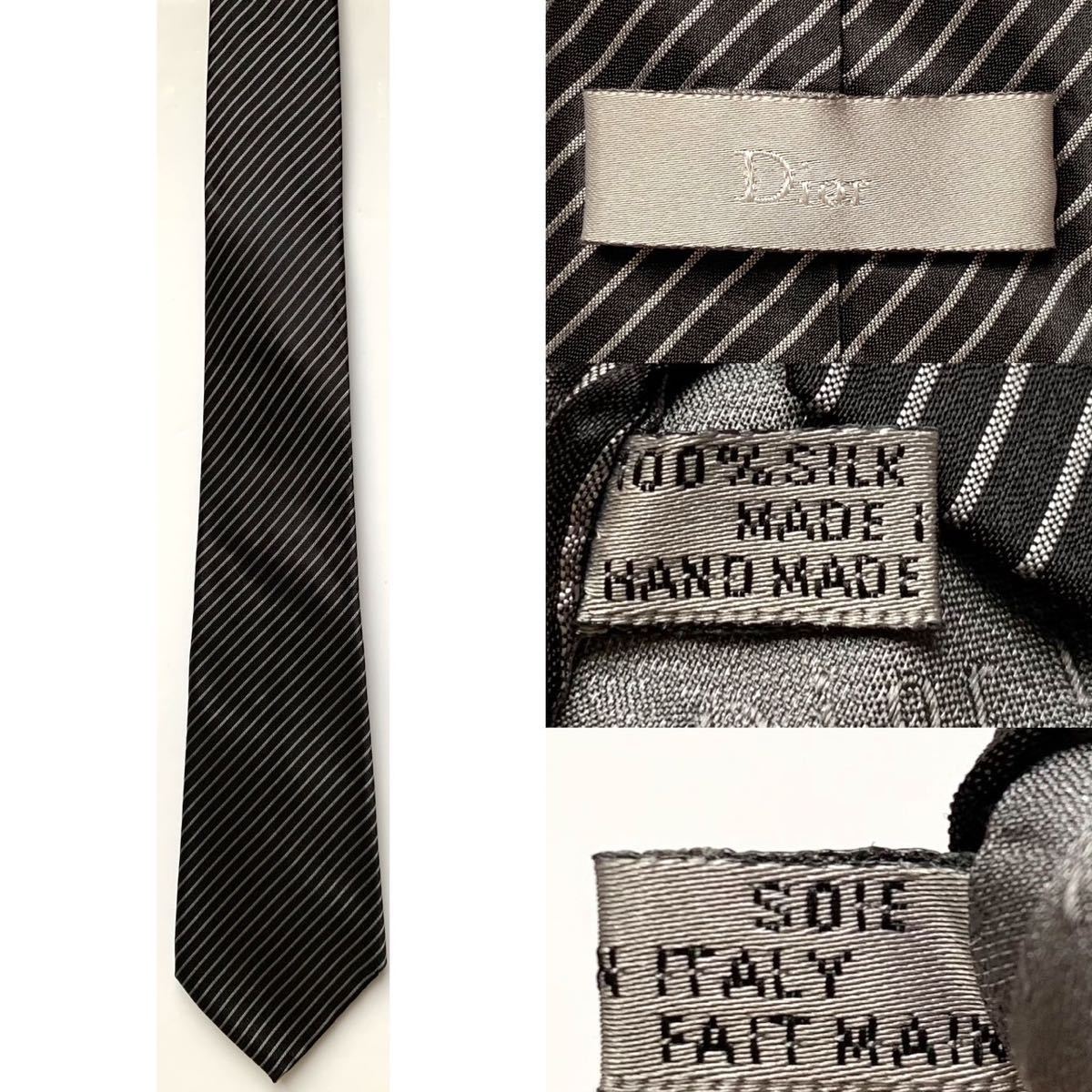 【美品】Dior Homme ネクタイ レジメンタル ストライプ ブラック 黒 シルバー 銀 イタリア製 ディオール オム