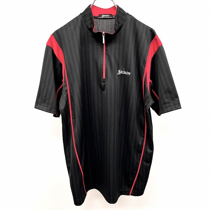 SRIXON L Мужская рубашка для гольфа на молнии в полоску Имитация шеи Логотип Короткий рукав Япония Poly×Cupro Черный× Красный