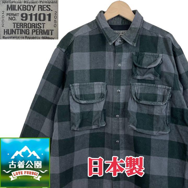 サイズL MILKBOY 日本製チェックシャツ 長袖シャツ トップス ミルクボーイ 黒×グレー メンズ T2298 古着公園