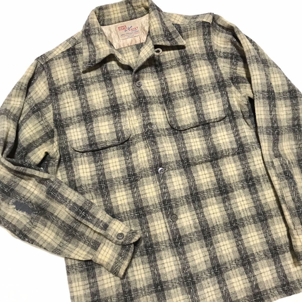50s LEVI'S De Luxe チェック ウール シャツ 生成 灰 XS 50s LEVI'S De Luxe チェック ウール シャツ 生成 灰 XS